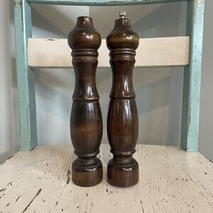 Vintage Pair Wooden Salt Shaker Pepper Grinder 10 Inches Tall Made Japan READ
